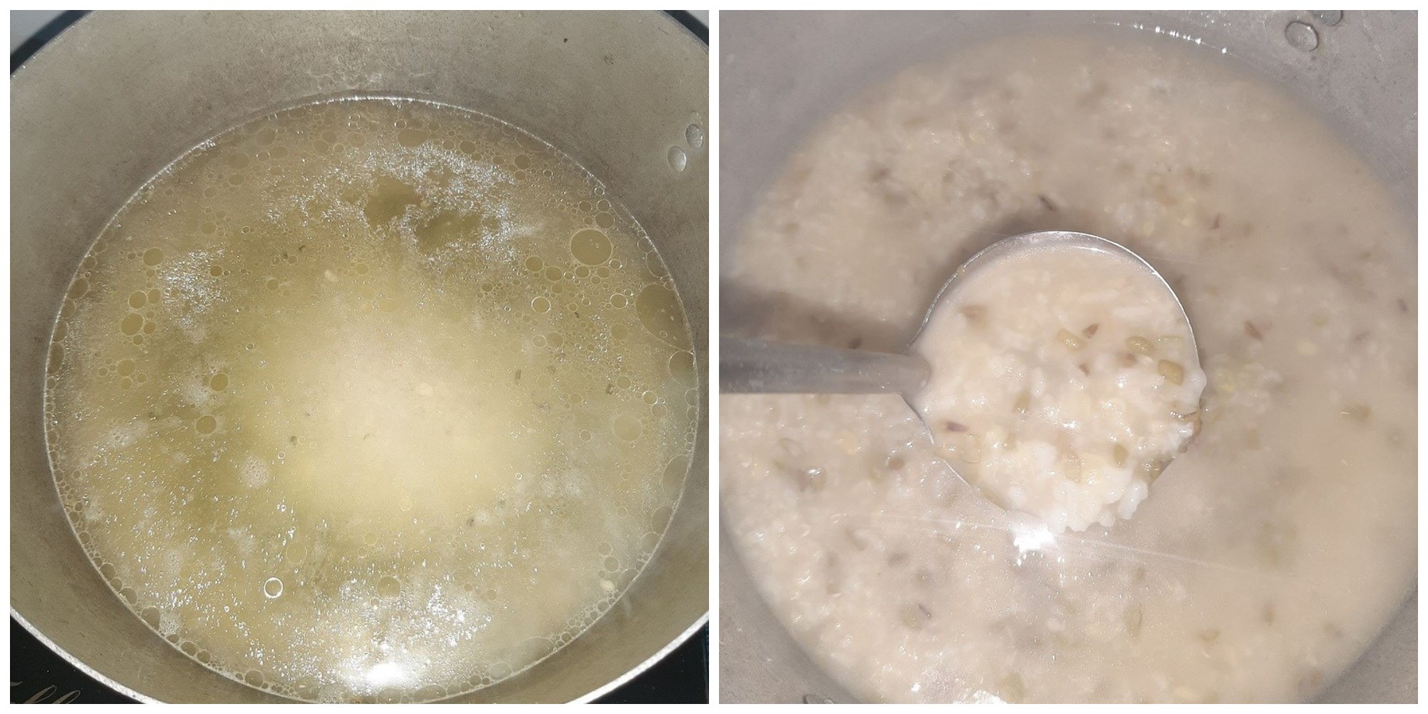 Dùng nước luộc vịt cho đậu xanh và gạo đã ngâm vào trong nồi