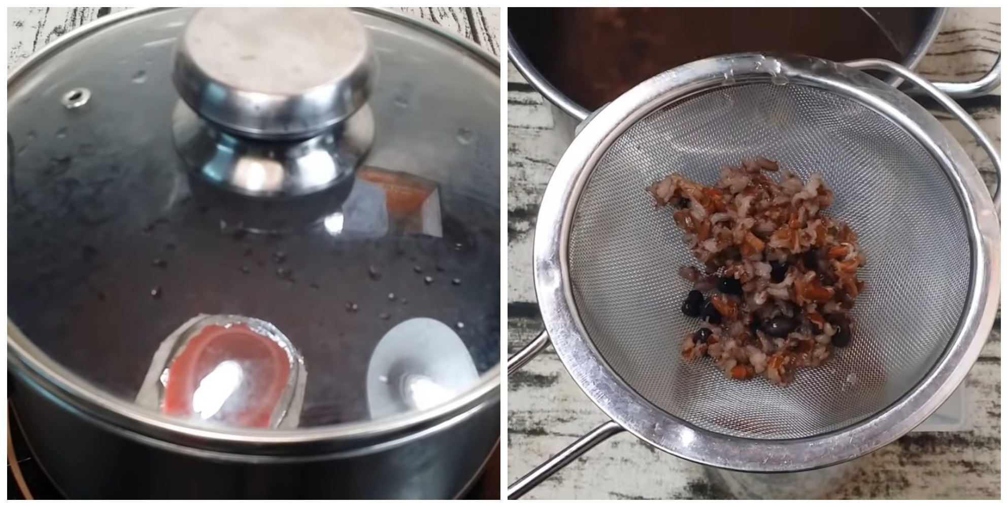 Sau khi nước trà đã nguội dần, gạo và đậu mềm thì đổ nước trà qua rây, lọc lấy nước.