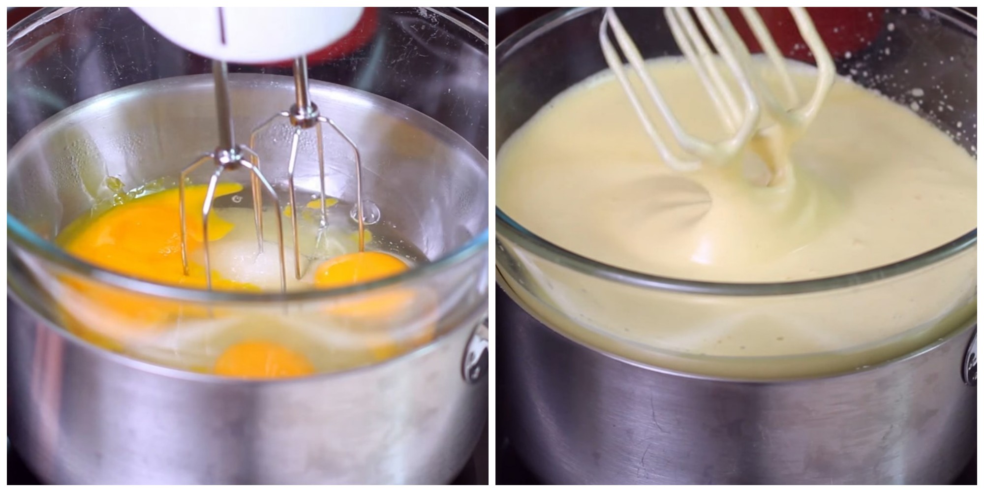 Bạn đặt tô trứng lên một nồi nước nóng. Dùng máy đánh trứng đánh hỗn hợp