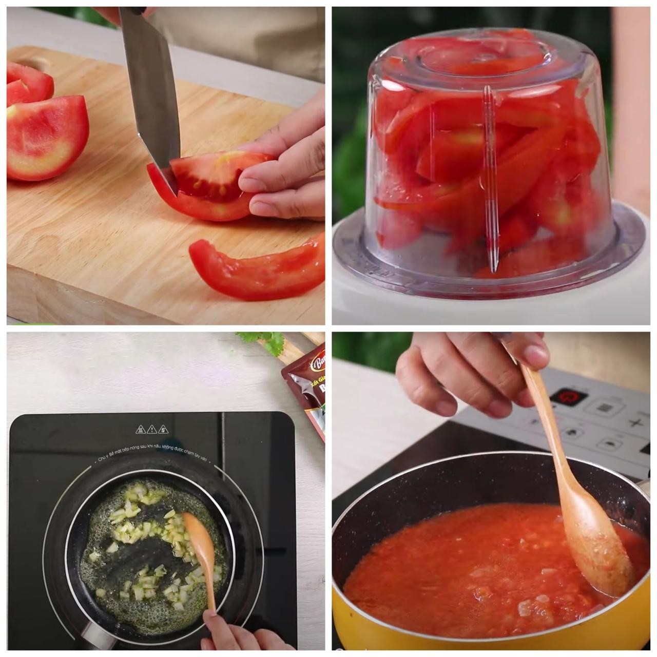rửa sạch cà chua, cắt lát nhỏ bỏ vào máy xay nhuyễn, bắc bếp và đun lên