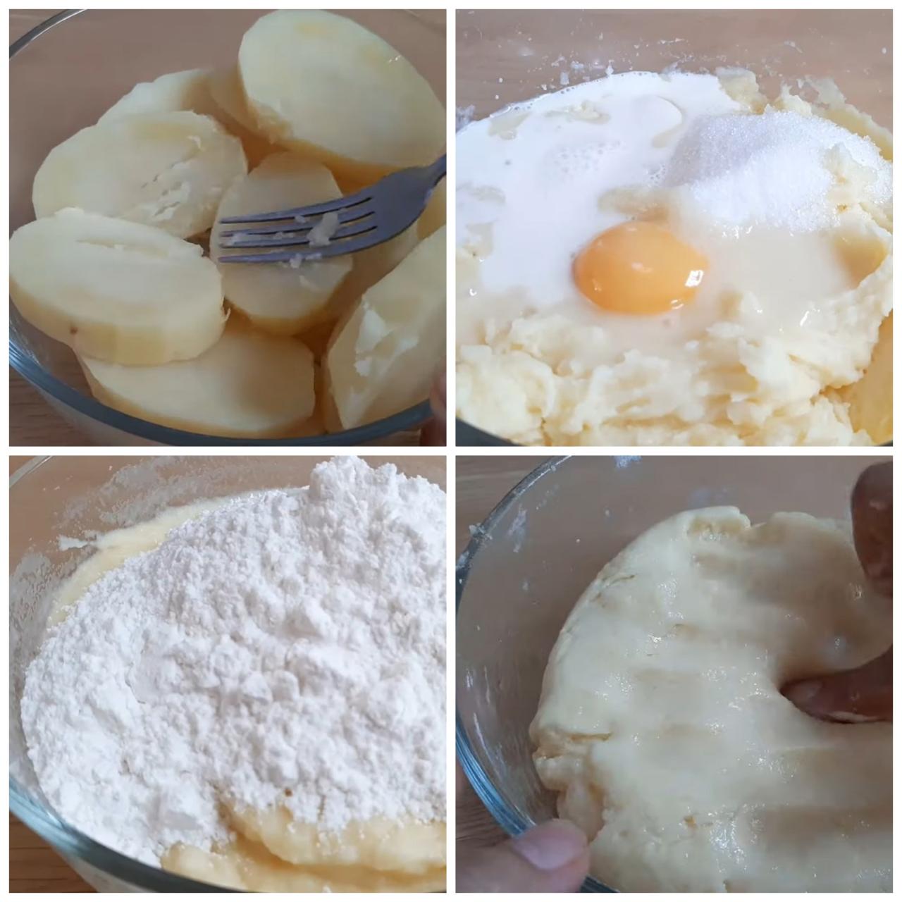 Sau khi hấp tán nhuyễn khoai tây, cho trứng và một số nguyên liệu gia vị vào trộn đều đến khi tạo thành khối