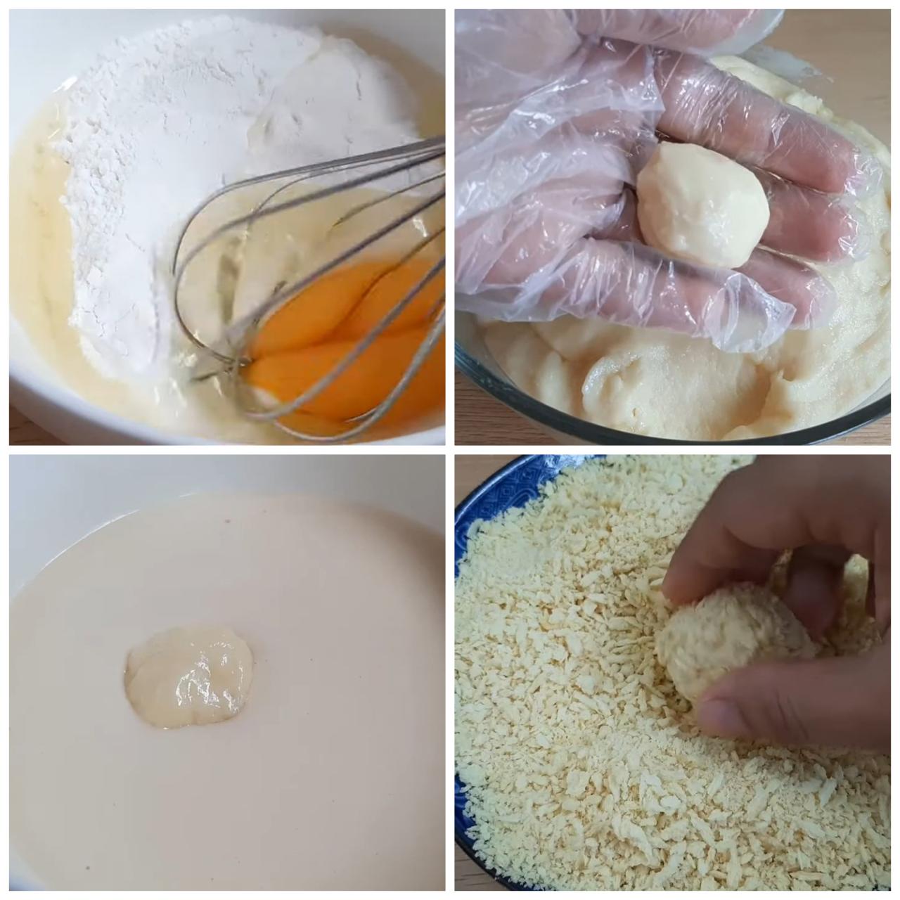 Trộn hỗn hợp trứng sữa và bột mì, chia khoai tây thành từng cục tròn tẩm lớp bột ướt và bột chiên xù