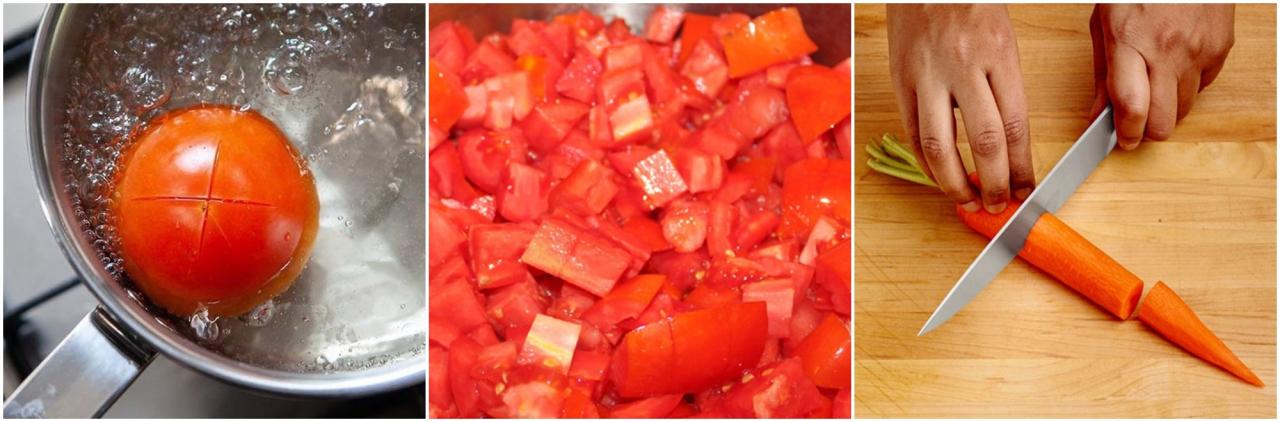 Công đoạt lột vỏ, bào vỏ cắt cà chua cà rốt thành từng khúc nhỏ