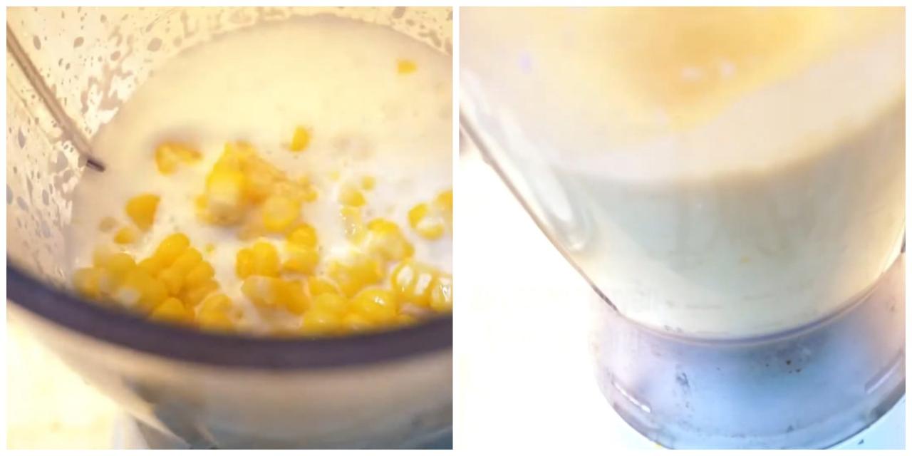 Cho nước luộc bắp, sữa tươi và hạt bắp vào máy xay, xay nhuyễn tạo nên hỗn hợp