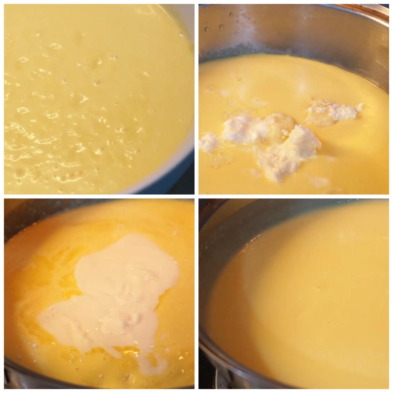 Bắc nồi lên bếp, cho vào phần bắp xay, bơ lạt, cream cheese khuấy đều hỗn hợp trên lửa nhỏ