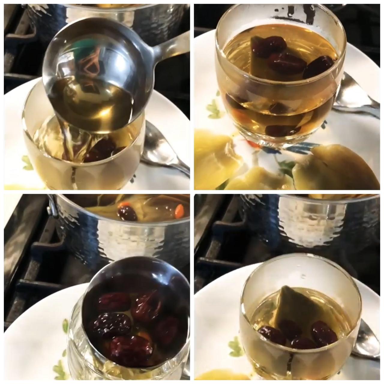 Sau khi trà đã hoàn thành, cho kỷ tử và táo đỏ ra ly rồi vớt nước trà chế vào ly