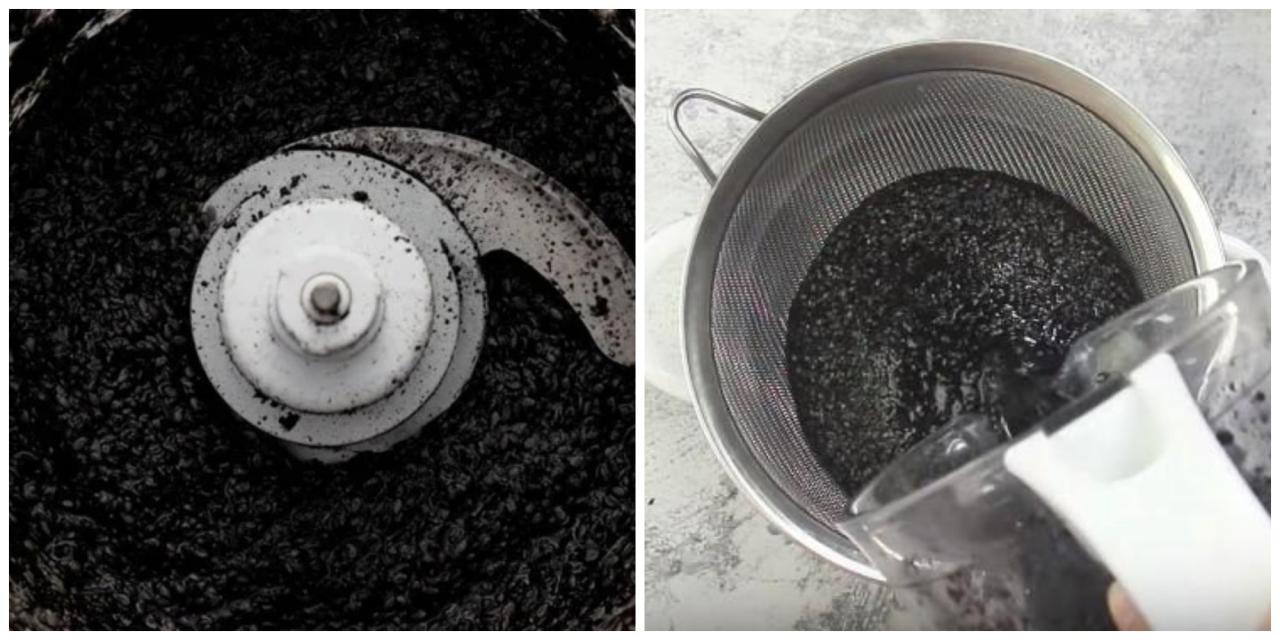 Cho mè đen và ít nước lọc vào máy xay, xay nhuyễn rồi đổ ra rây chắt lấy nước