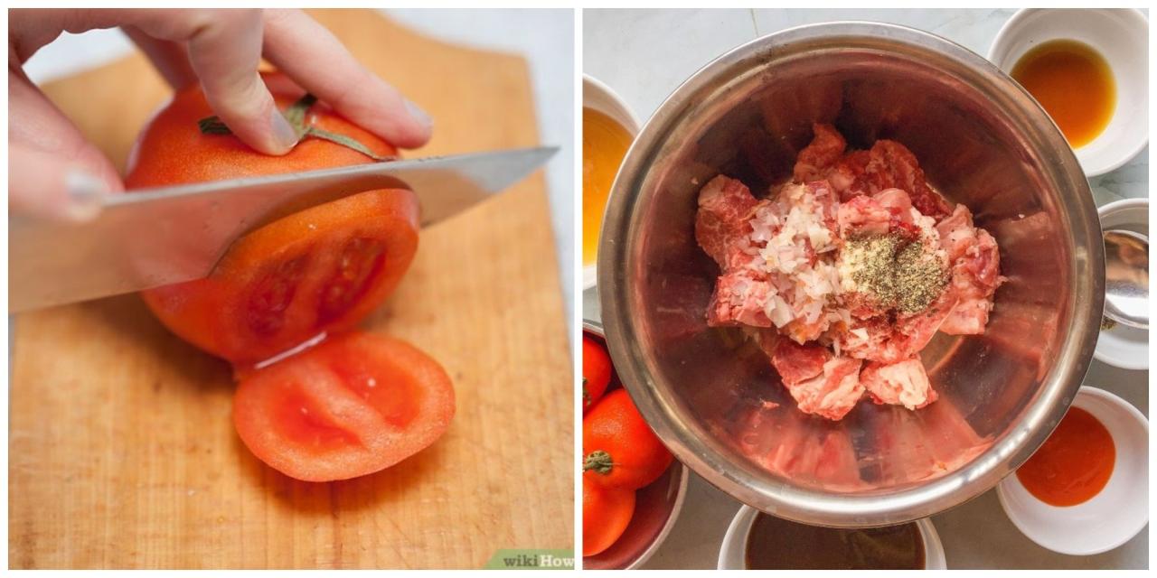 Thịt rửa sạch với nước muối pha loãng rồi cắt khúc, cà chua rửa sạch cắt thành từng lát