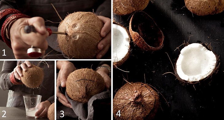 Bổ đôi quả dừa, sau đó hơ trên lửa để dễ tách phần cùi dừa ra
